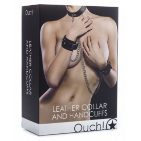 Чёрный комплект для бондажа Leather Collar and Handcuffs